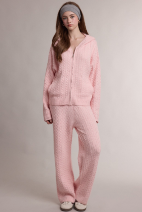 Cable Knit Zip Hoodie & Elastic Waist Pants Set