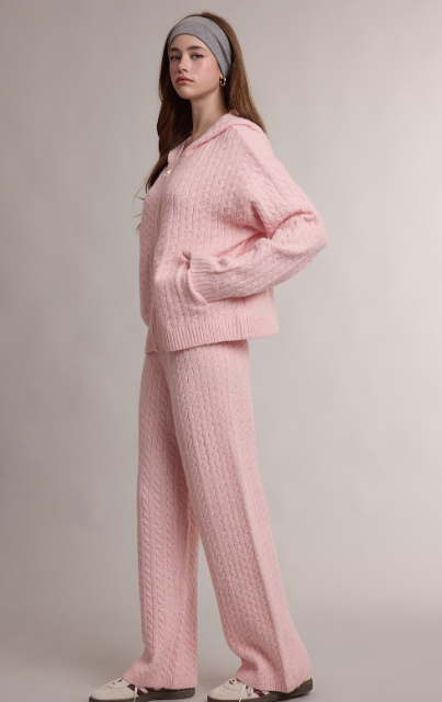 Cable Knit Zip Hoodie & Elastic Waist Pants Set