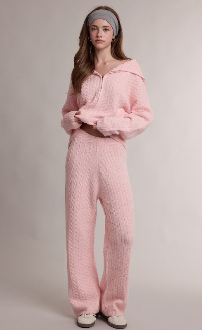 Cable Knit Zip Hoodie & Elastic Waist Pants Set