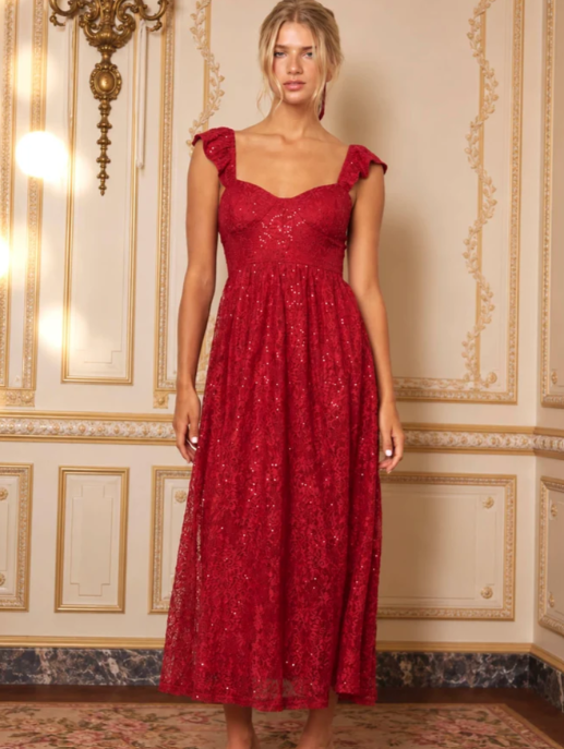 RED SEQUIN SWEETHEART RUFFLE STRAP CORSET MIDI DRESS