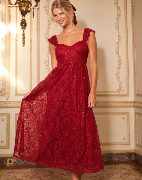 RED SEQUIN SWEETHEART RUFFLE STRAP CORSET MIDI DRESS