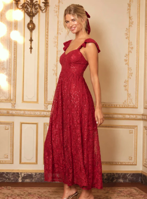RED SEQUIN SWEETHEART RUFFLE STRAP CORSET MIDI DRESS