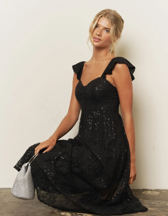 BLACK SEQUIN SWEETHEART RUFFLE STRAP CORSET MIDI DRESS