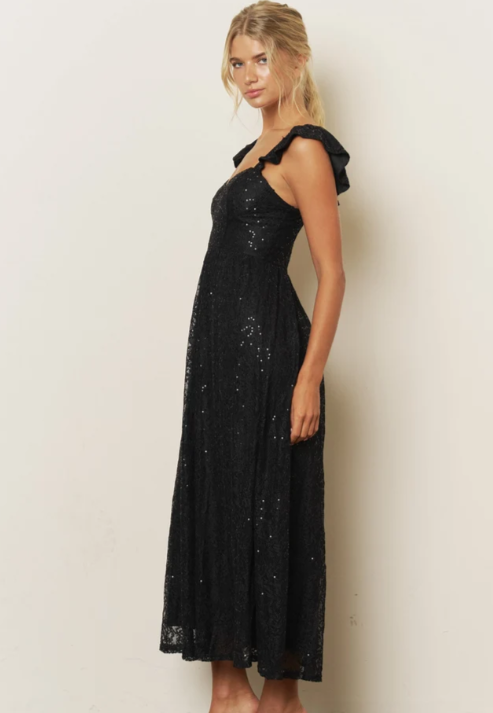 BLACK SEQUIN SWEETHEART RUFFLE STRAP CORSET MIDI DRESS