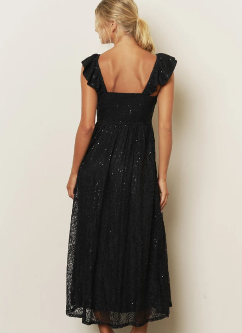 BLACK SEQUIN SWEETHEART RUFFLE STRAP CORSET MIDI DRESS