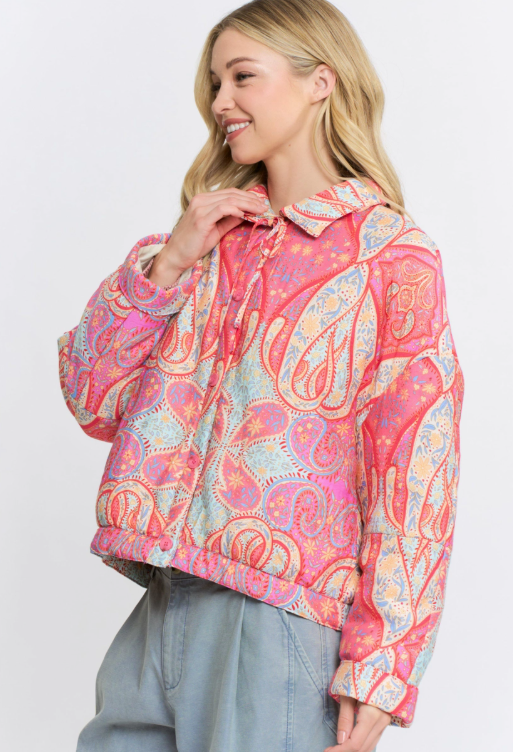 Paisley Print Button-Up Quilted Jacket