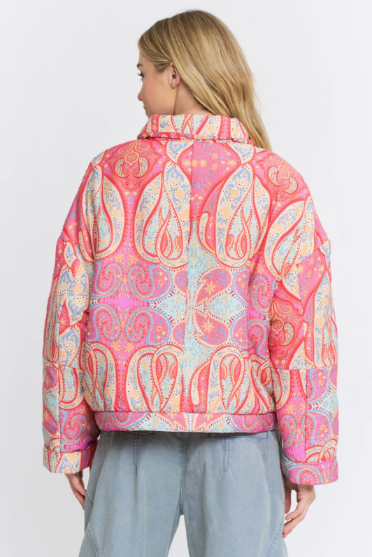 Paisley Print Button-Up Quilted Jacket