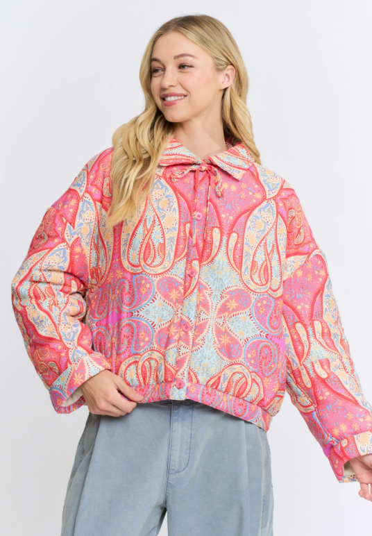 Paisley Print Button-Up Quilted Jacket