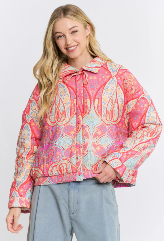 Paisley Print Button-Up Quilted Jacket
