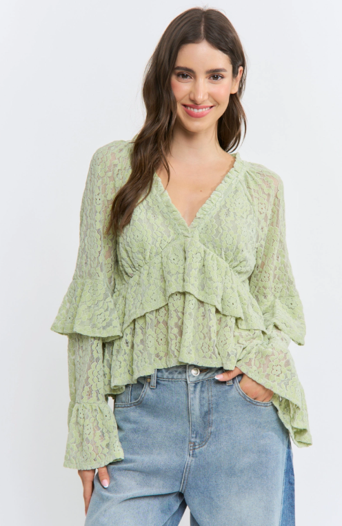 Sage Long Sleeve Lace Ruffle Blouse