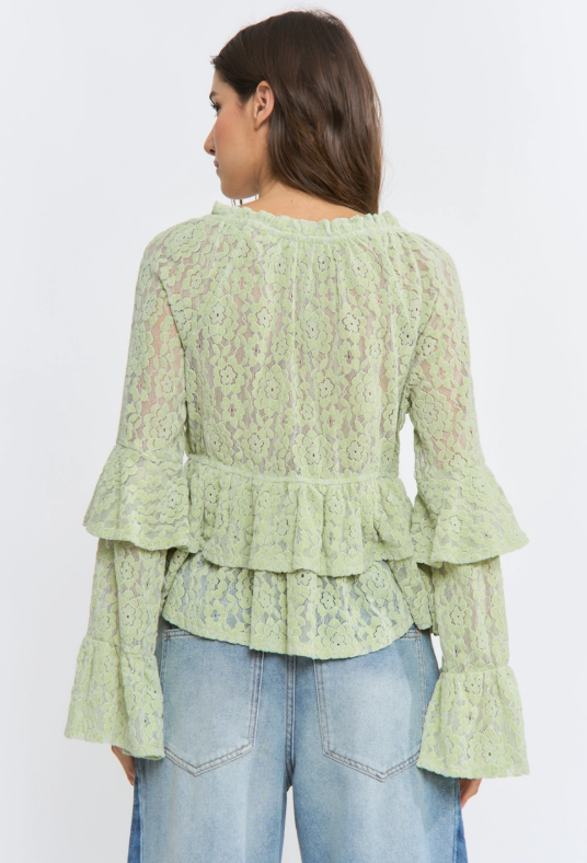 Sage Long Sleeve Lace Ruffle Blouse