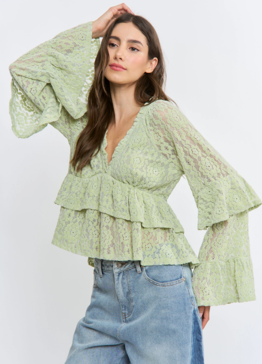 Sage Long Sleeve Lace Ruffle Blouse