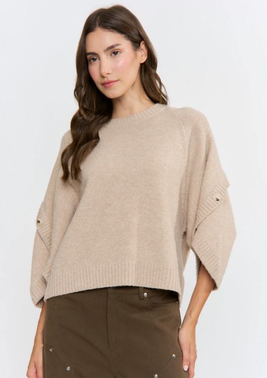 Taupe Button Sleeve Knit Pullover
