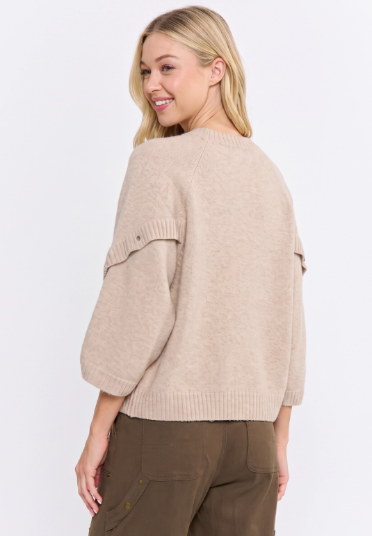 Taupe Button Sleeve Knit Pullover