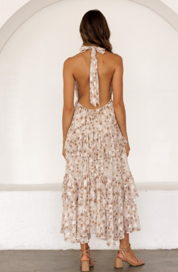 Ivory Floral Halter Tiered Maxi Dress