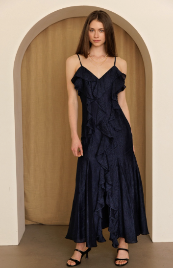 Navy Cascade Ruffle Maxi Dress