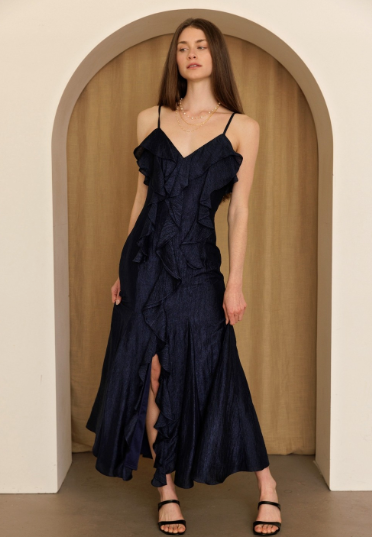 Navy Cascade Ruffle Maxi Dress