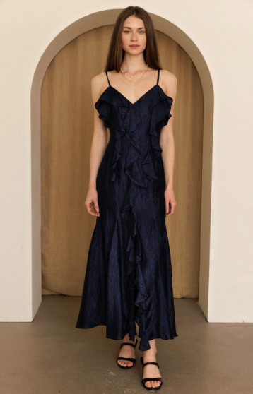 Navy Cascade Ruffle Maxi Dress