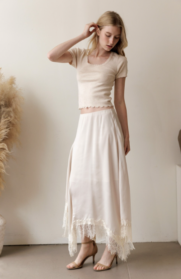 Champagne Satin Lace Trim Midi Skirt
