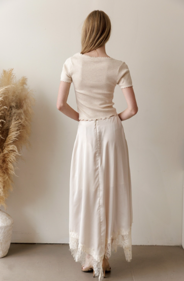 Champagne Satin Lace Trim Midi Skirt