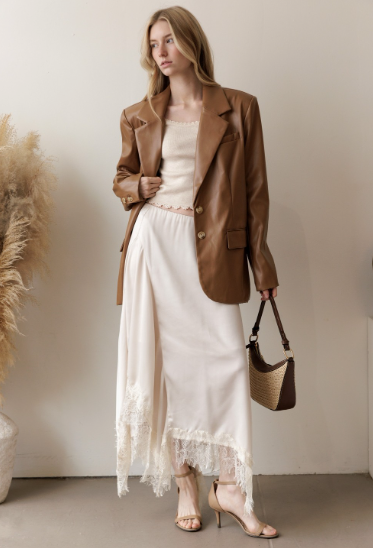Champagne Satin Lace Trim Midi Skirt