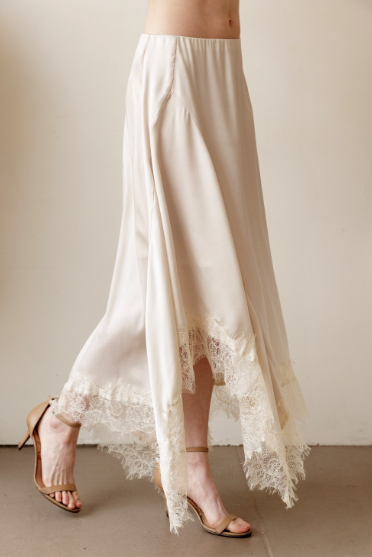 Champagne Satin Lace Trim Midi Skirt