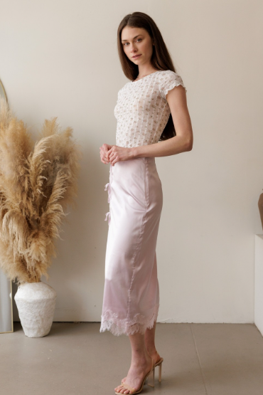 Lavender Satin Lace Midi Skirt