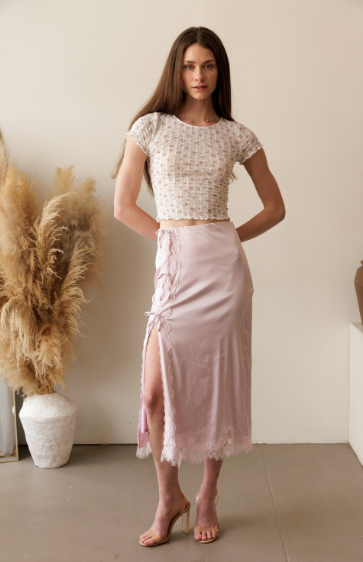 Lavender Satin Lace Midi Skirt