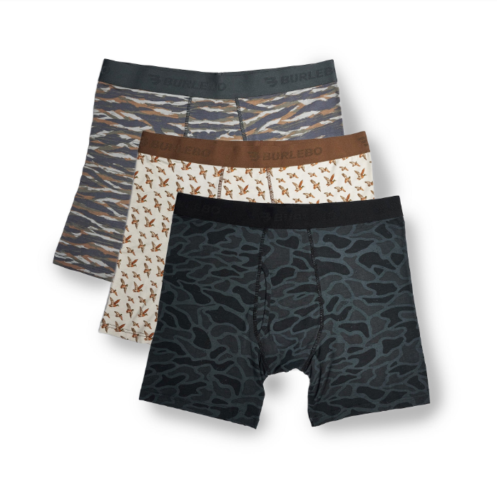 Burlebo BOXER BRIEFS - BLACK CAMO, MALLARDS FLYING IN, & TIGER STRIPE CAMO WETLAND