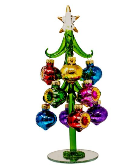 Green Glass Tree 8 inch with Vintage Teardrop Ornaments