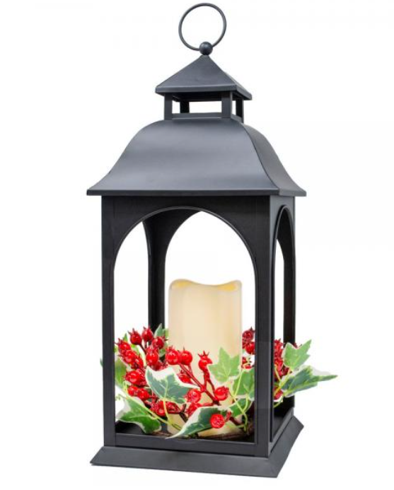 Black Ivy and Berry 16 Inch LED Metal Lantern