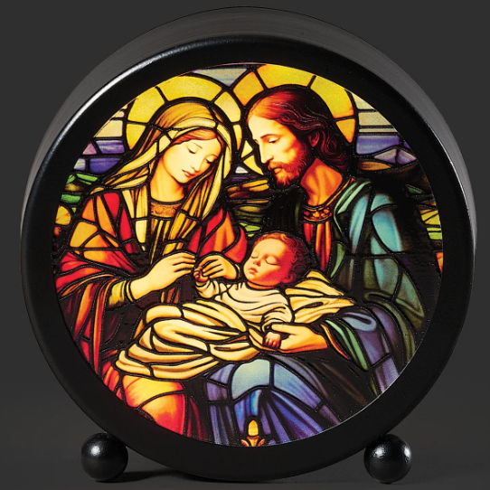 Lighted Holy Family Stained Glass Round Panel