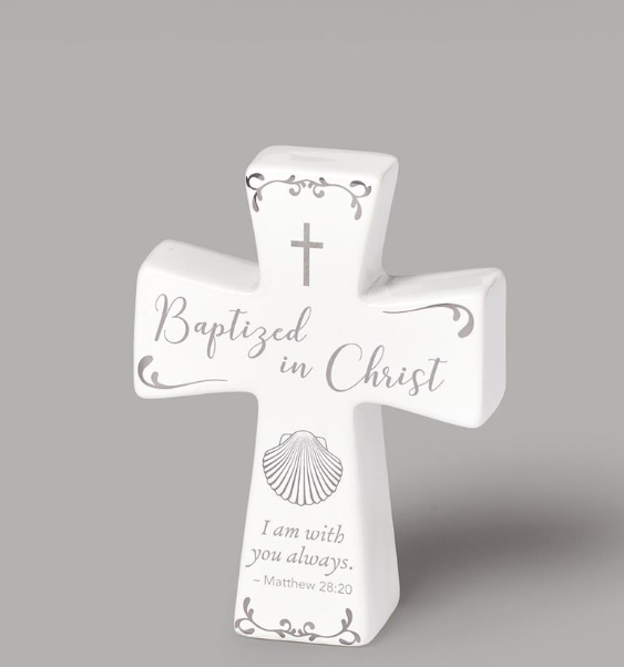4.5"H BAPTISM CROSS CERAMIC WITH SILVER DECAL