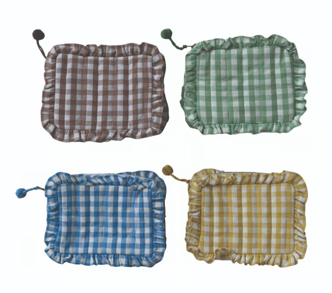Woven Cotton Zip Pouch w Check Pattern