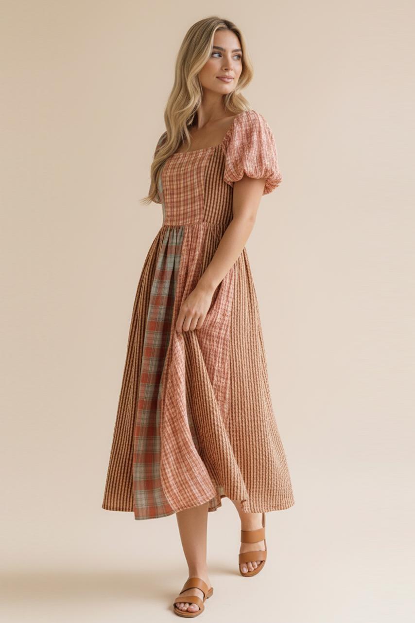 Square Neck Stripe Plaid Check Color Block Dress