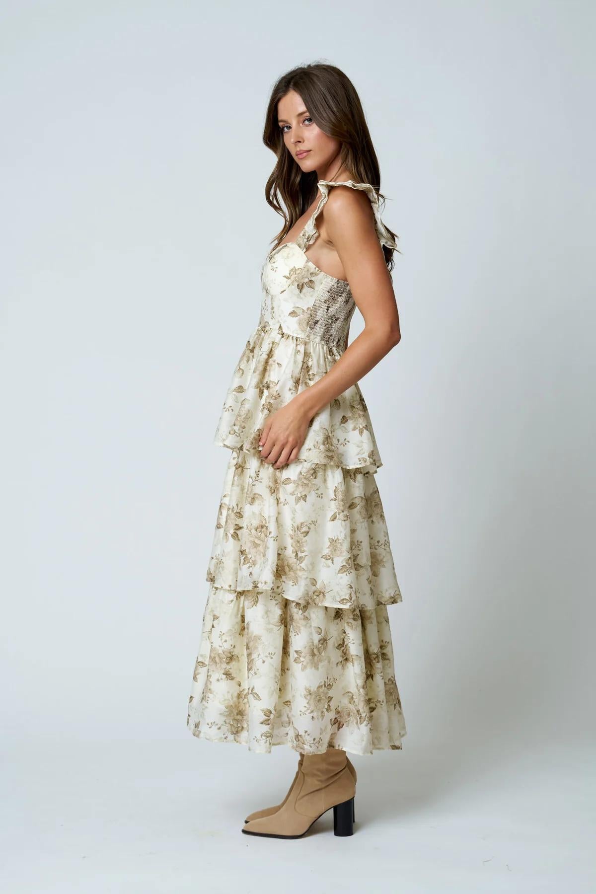 KHAKI FLORAL PRINT RUFFLE TIERED SPAGHETTI MIDI DRESS