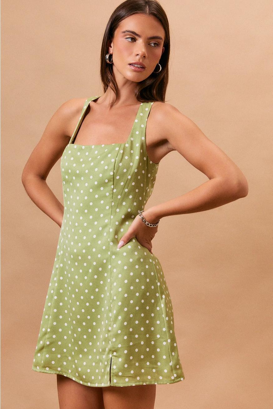 Green Polka Dot Square Neck Mini Dress
