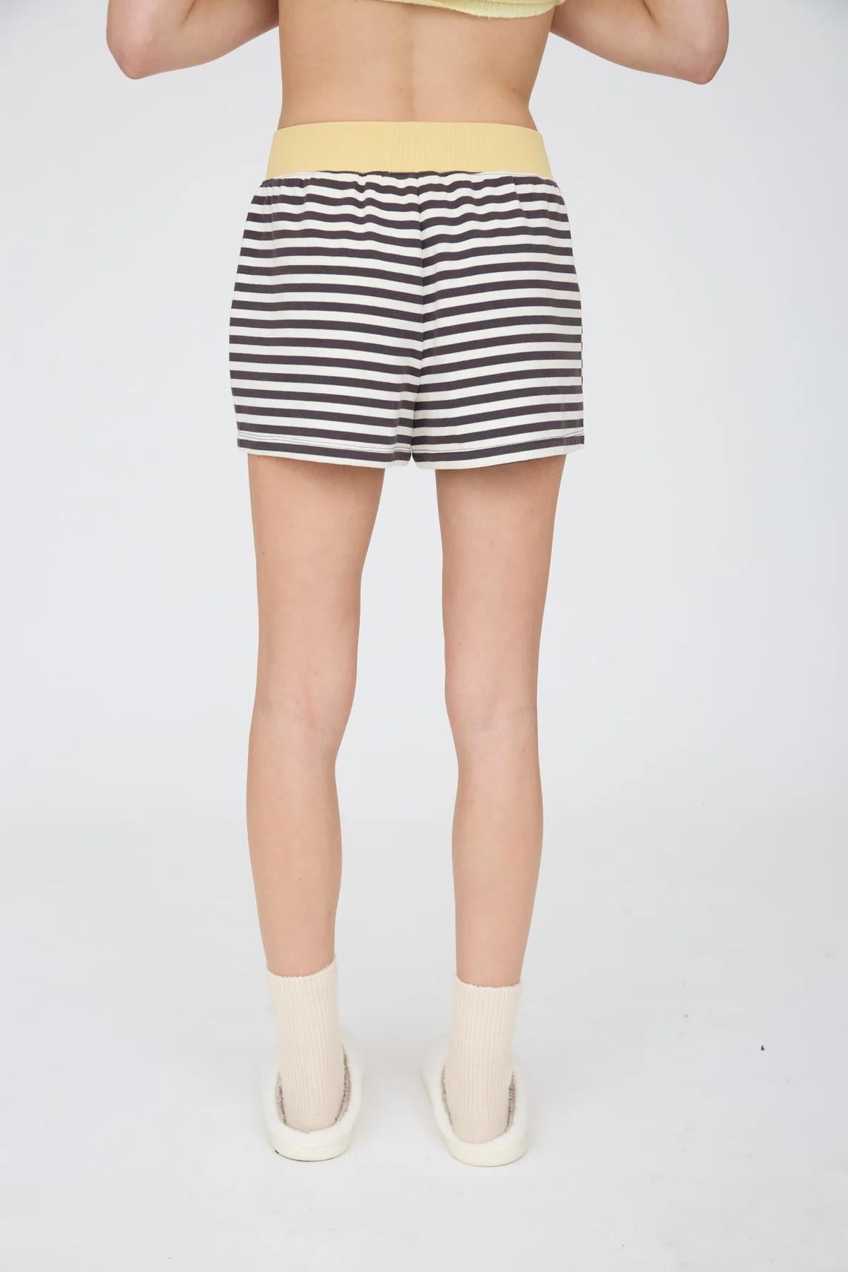CHARCOAL BUTTER STRIPED CONTRAST RIBBED WAIST KNIT SHORTS