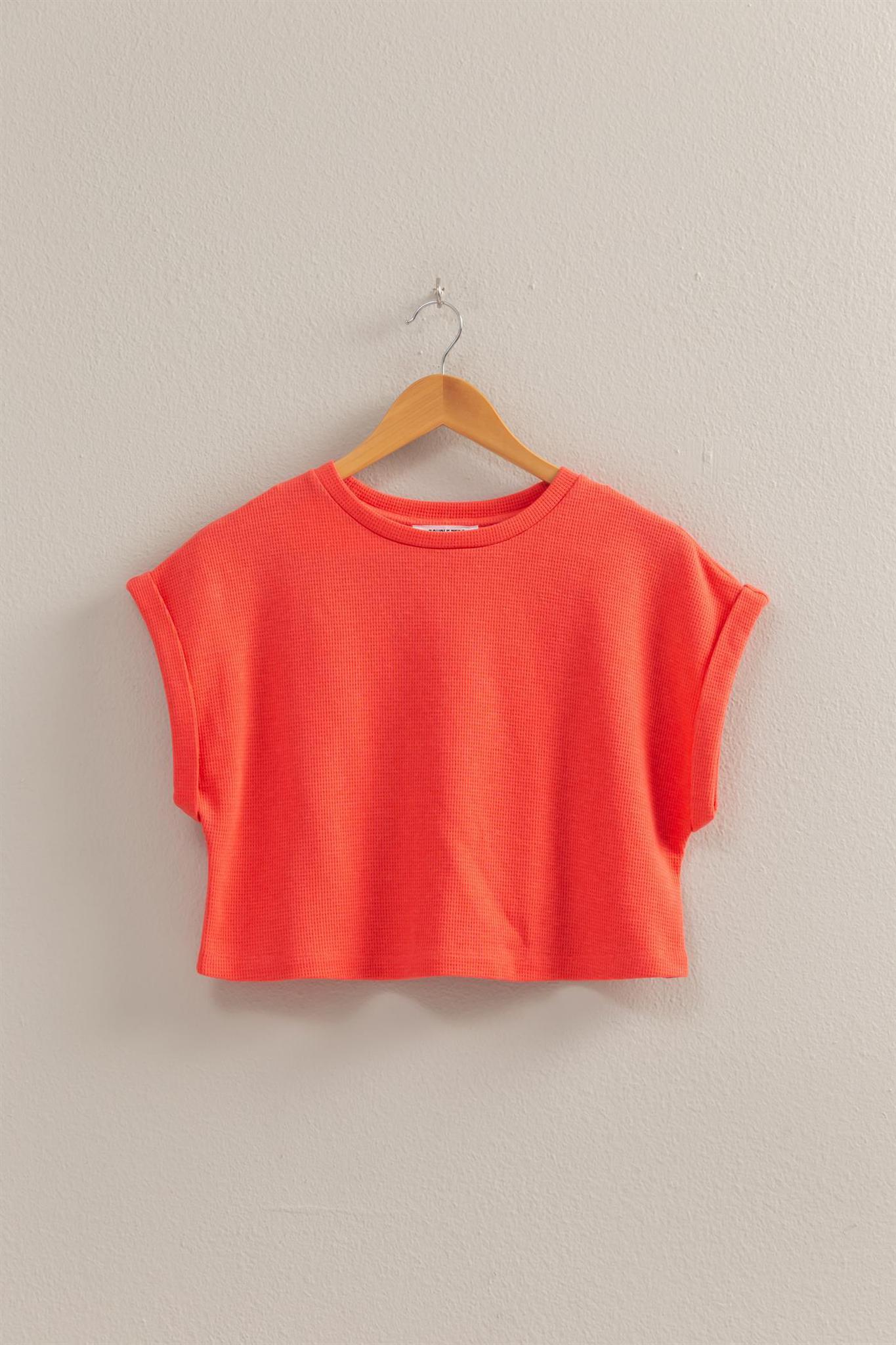 Waffled Knit Short Sleeve Crop Top