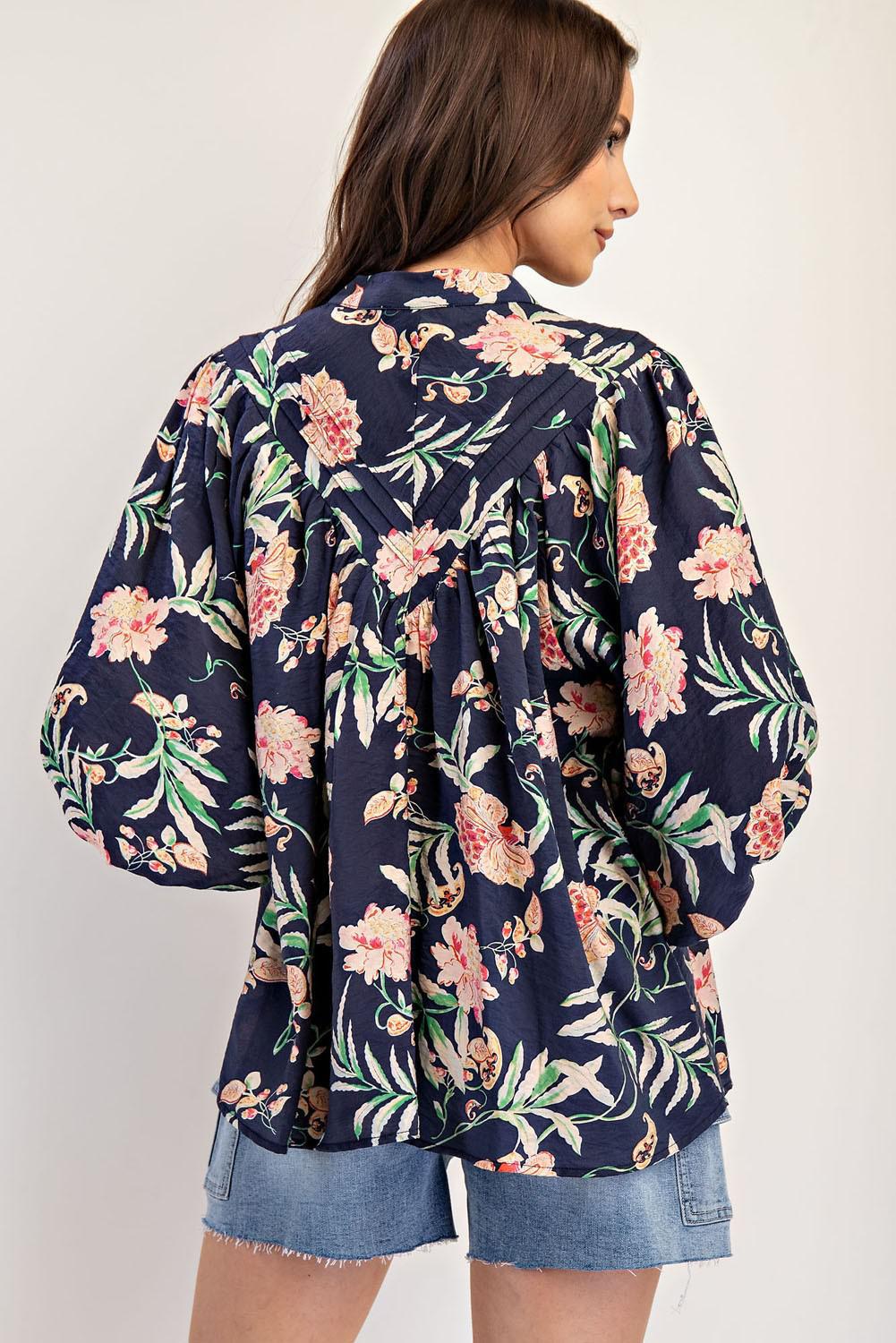 Blue Sapphire Pleated Long Sleeve Top