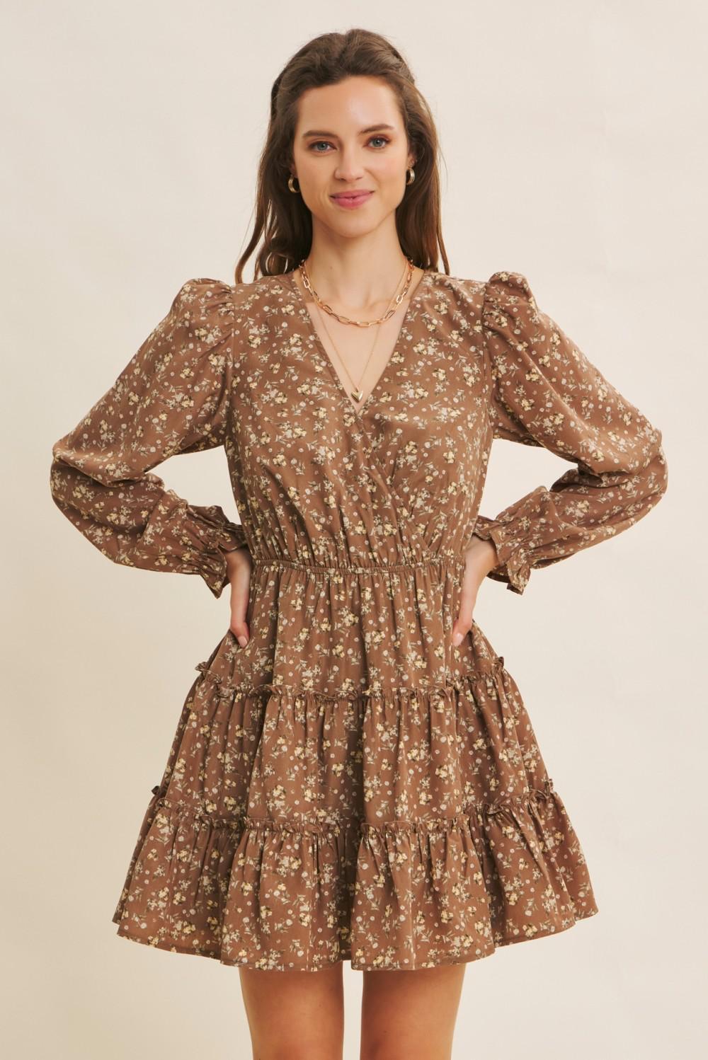 Mocha Romantic Floral Wrap Mini Dress with Ruffles