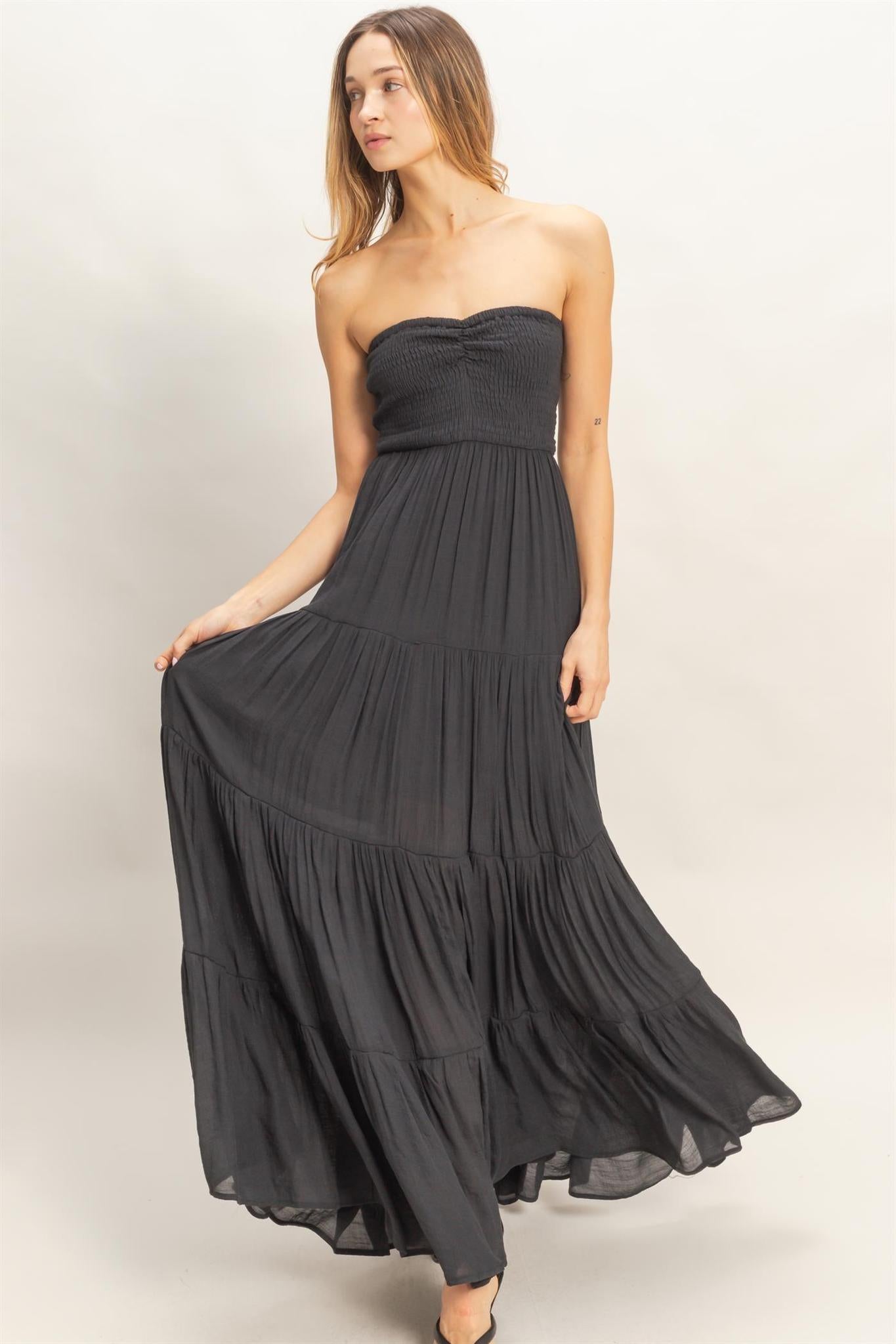 Black Smocked Elastic Neck Maxi Dress