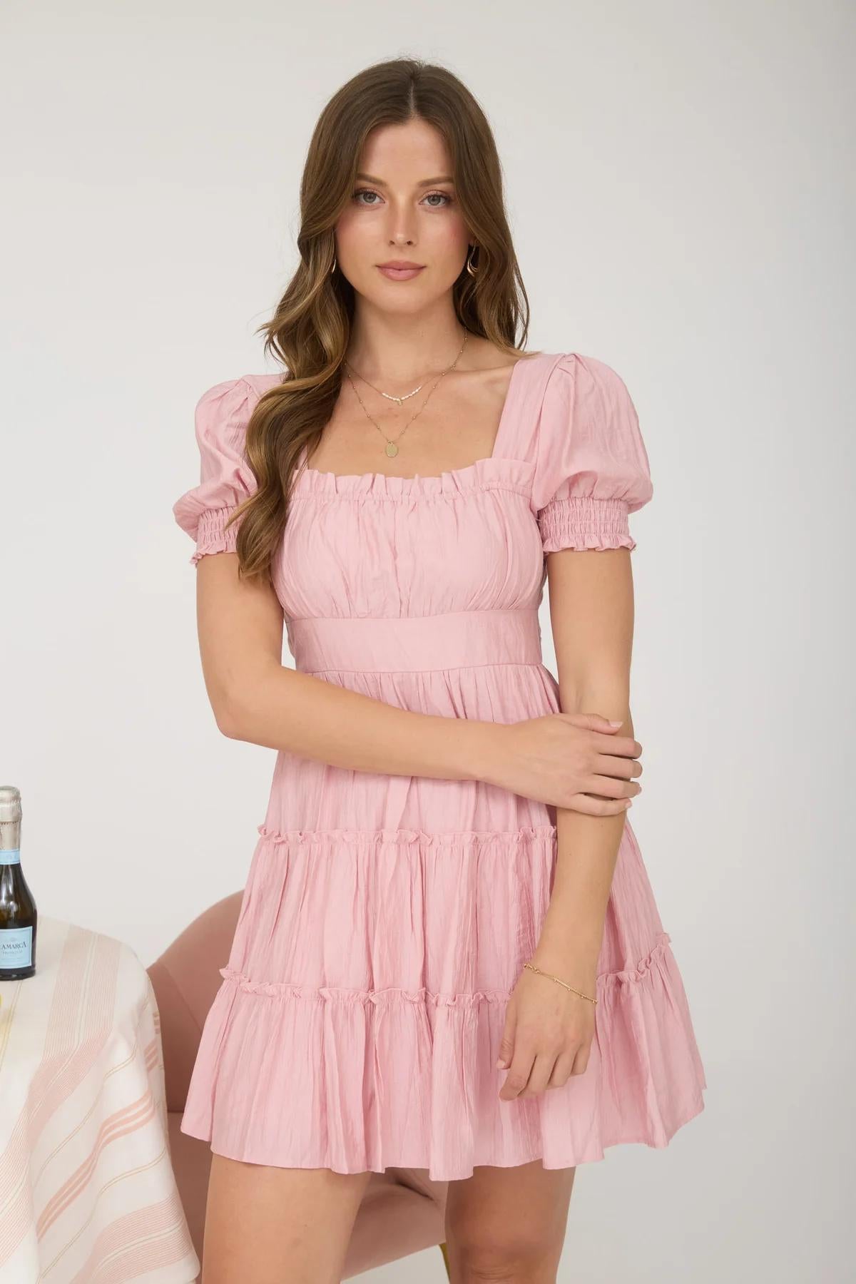 SQUARE NECK RUFFLE DETAIL TIERED MINI DRESS