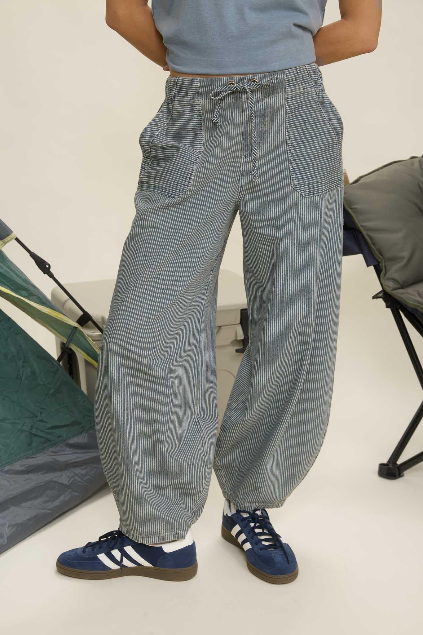 Stripe Denim Waist Tie Parachute Pants