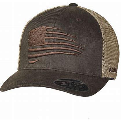 Ariat Men's Brown with Tan Mesh Embroidered Flag on Oilskin Cap