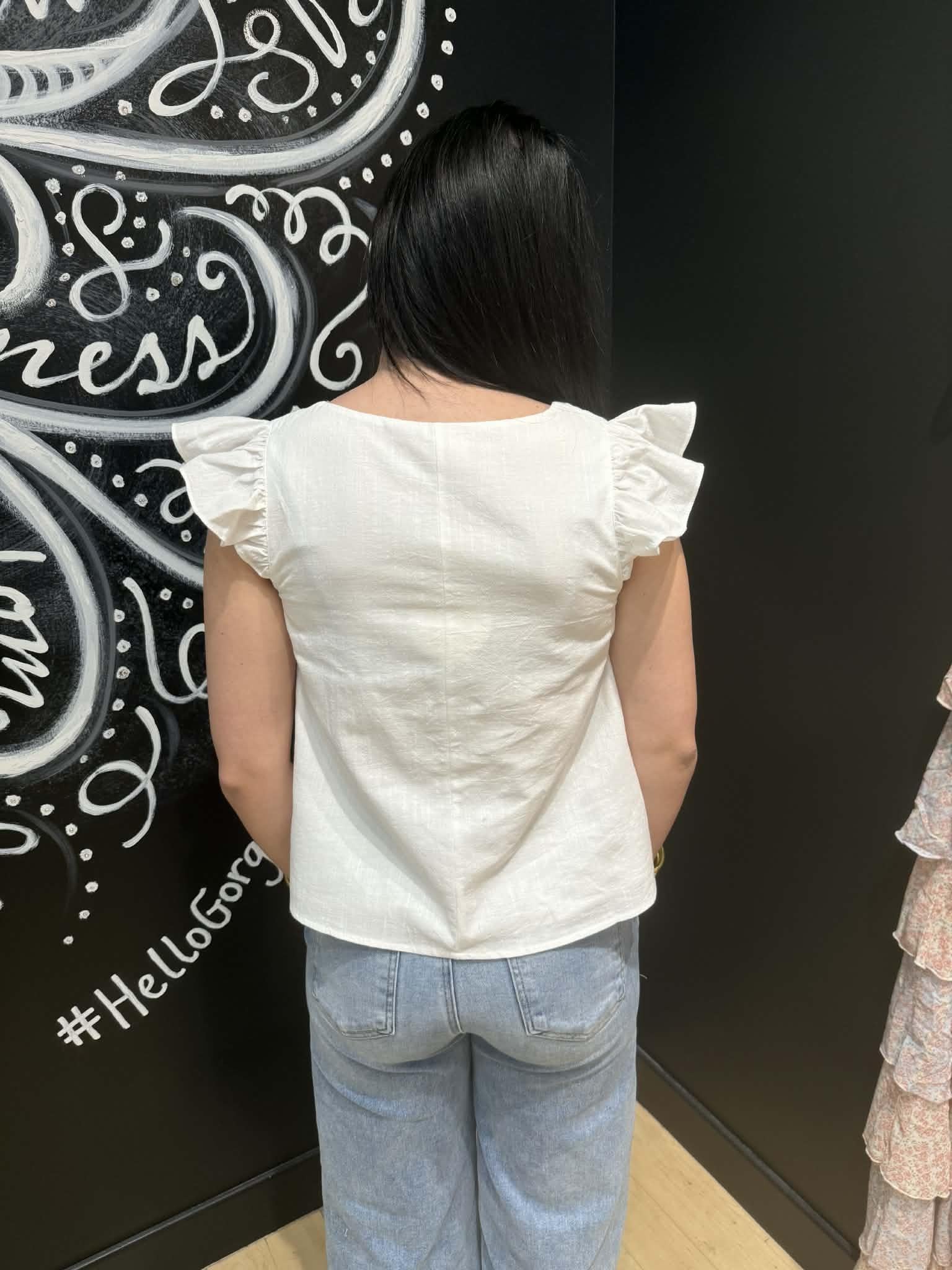 Off White Ruffle Sleeved V-neck Linen Embroidery Top