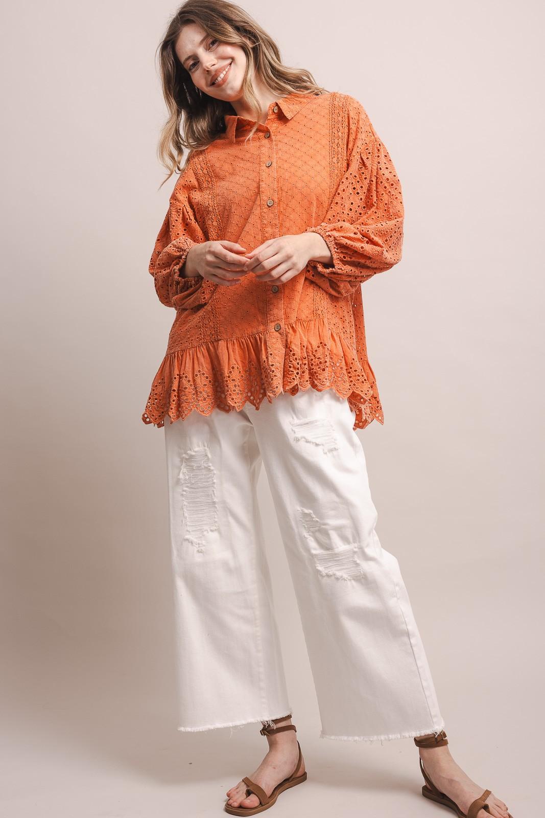 Coral 3/4 Sleeve Balloon Sleeve Eyelet Ruffle Blouse