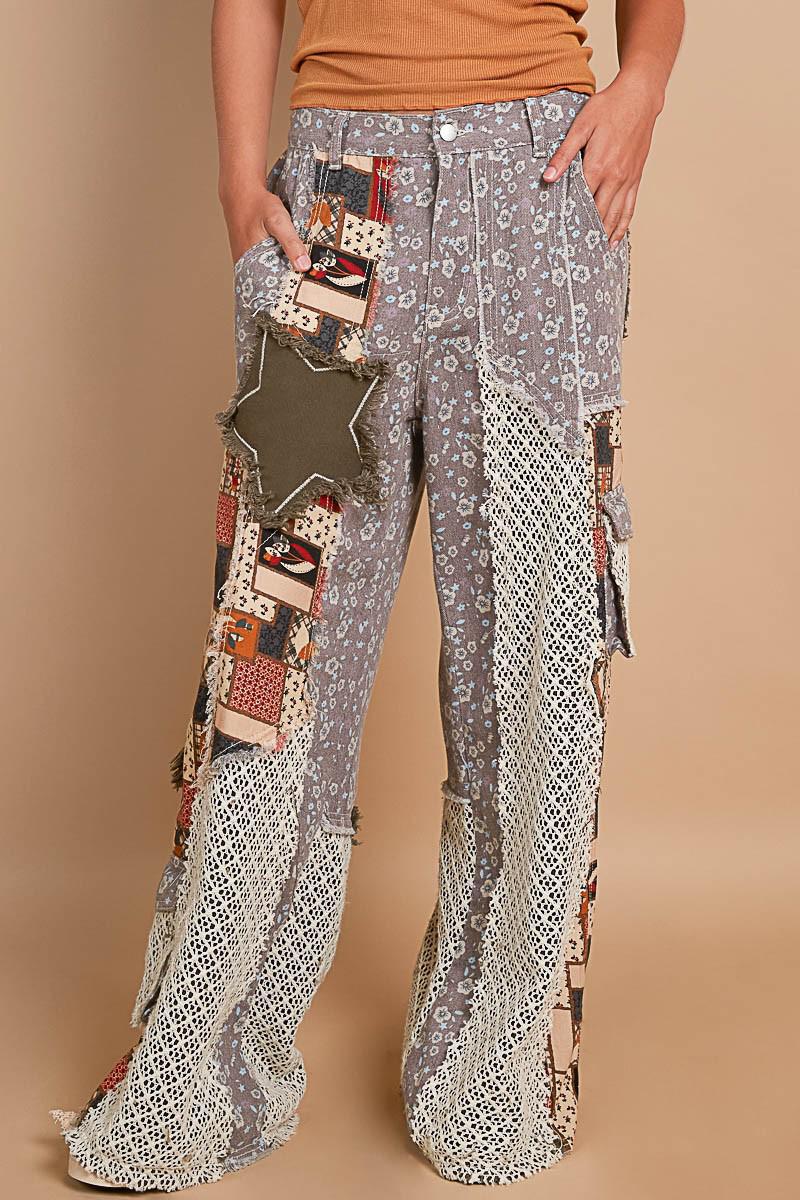 Printed Patchwork Twill Pants