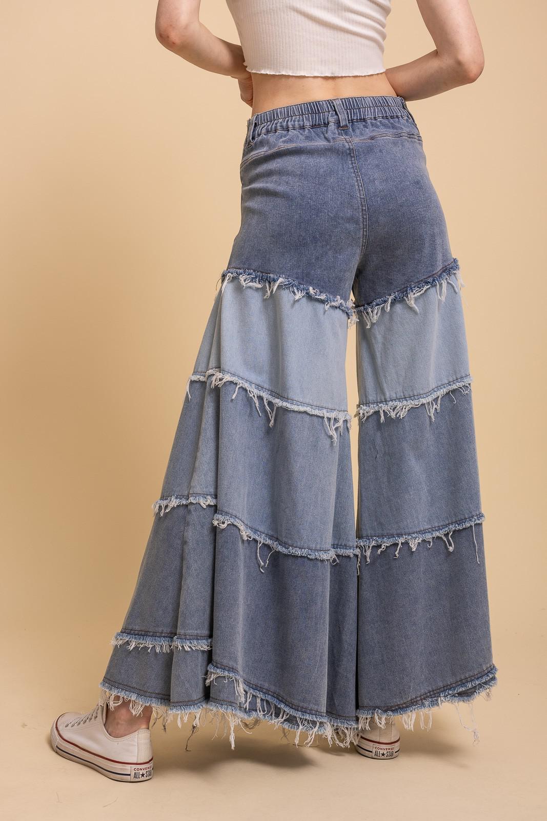Tiered Contrast Denim Wide Leg Pants