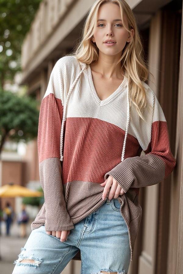 Cream/Rust Solid Urban Ribbed Hoodie